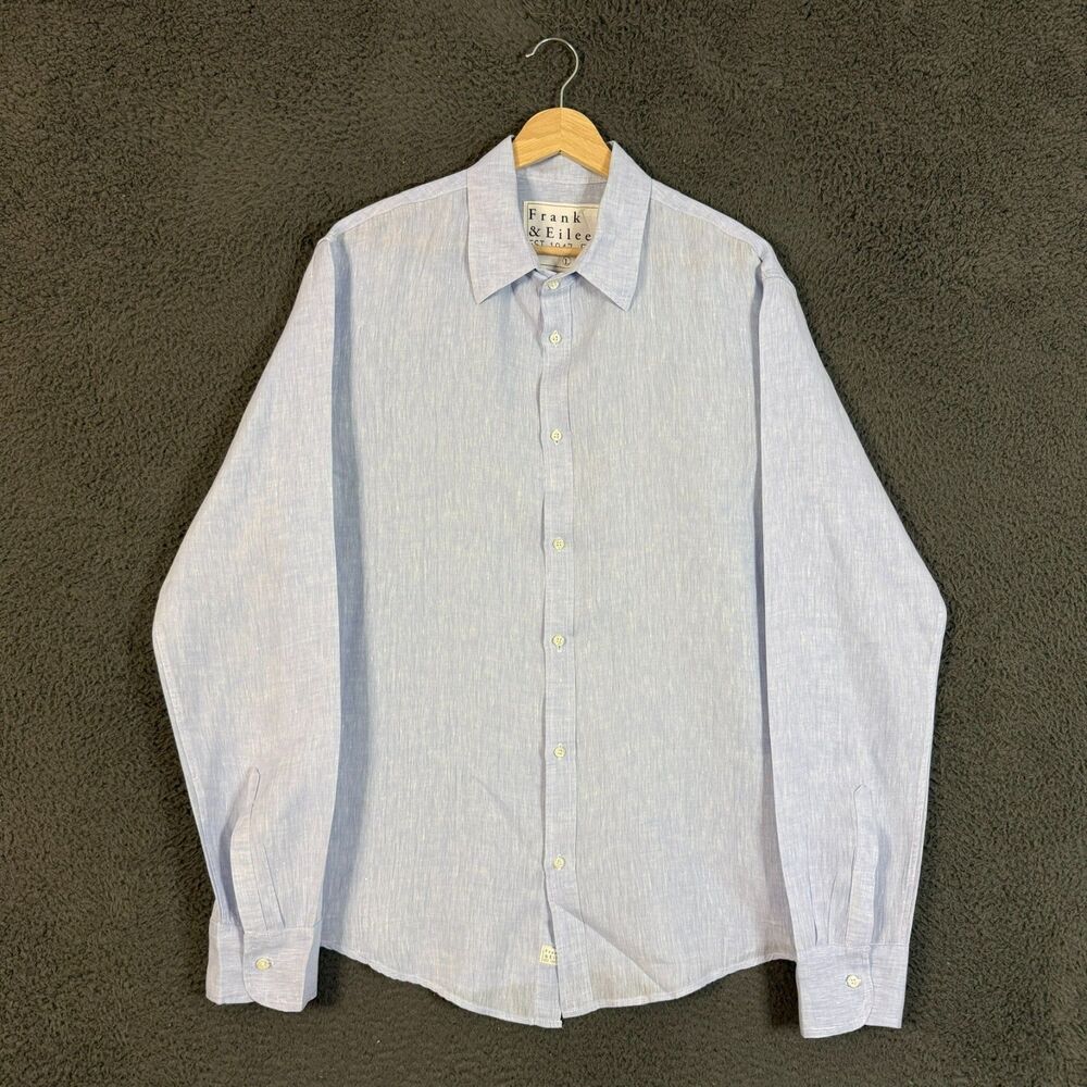 Frank & Eileen Shirt Mens Large Blue Paul 100% Linen Long Sleeve Lightweight